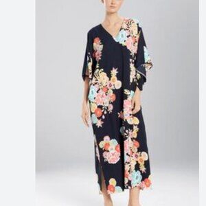 NWOT NATORI JOY BLACK FLORAL SATIN CAFTAN - M